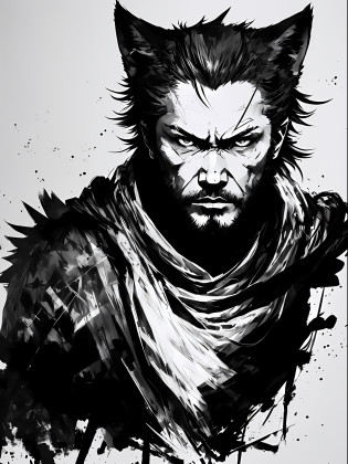 Wolf, style of Yoji Shinkawa, black and white, print, super detailed