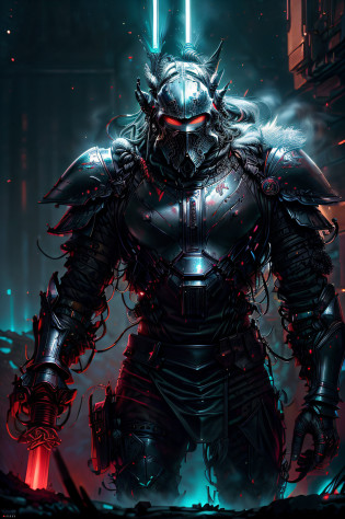 (masterpiece, high resolution, CGI:1.4), (CGI rendering of a medieval warrior man clad in black death knight armor:1.2), (Sony Alpha 1 camera, known for capturing exceptional detail in CGI:1.2), ( paired with the Sony FE 24-70mm f/2.8 GM lens for a dynamic and striking composition: 1.2), (the warrior clad in formidable high-tech black armor with neon lighting intricate to the details, exuding strength and power: 1.1) , (his helmet with intense red glowing lights in the eye openings, giving off an aura of danger: 1.2), (Sony Alpha 1 camera capturing the intricate luminous neon details in the black armor and the burning landscape: 1.2), (the eyes of the warrior hidden behind the glowing red light, adding the air of mystery: 1.2), (his firm grip on the hilt of a mythical greatsword, ready for battle: 1.1), (the huge sword adorned with mythical runes with intricate glowing lights and carvings exuding pure energy that vaporizes in the air, hinting at their historical past: 1.1), (standing on a desolate volcanic terrain, with lava flows and smoke in the background: 1.1), (the fiery landscape reflecting the ferocious and unyielding nature of the warrior: 1.1), (focus on the sword), (the CGI rendering creating a larger than life presence for the death knight: 1.1), (an image that captures the essence of a powerful and fearsome medieval warrior in a hostile environment and relentless: 1.1), (High-resolution CGI ensuring every intricate luminous detail from the warrior's armor to the volcanic landscape, is meticulously rendered: 1.1), Cinematic, hyper-detailed, insane detail, beautifully graded colors, Unreal Engine, DOF, Super- Resolution, Megapixel, Post-processing, Post-production, Tone mapping, CGI, VFX, SFX, Insanely detailed and intricate, Hyper maximalist, Hyper realistic, Volumetric, Photorealistic, ultra photorealistic, ultra detailed, intricate detail, 8K, Super detailed , Full Color, Volumetric Lightning, HDR, Realistic, Unreal Engine, 16K, Sharp Focus, Octane Rend
