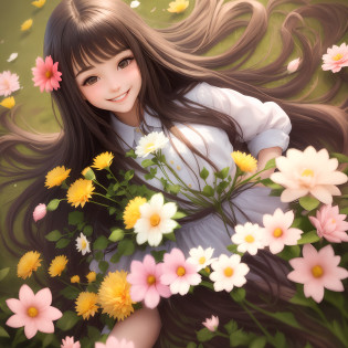 a beautiful girl with long hair and cool smile,and there are plenty of flowers around her
