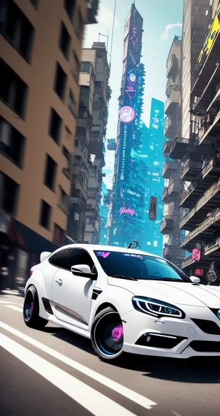 wide angle action shot of a white Renault RS Megane in beautiful cyberpunk city, highly textured, highly detailed lofi anime comic art, cyberpunk 2077, steampunk elements, dark art, ethereal art, dramatic ray-traced lighting, cyberpunk environment, lofi art v4