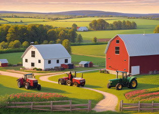 high quality comic of a farm scene with a tractor and farm buildings, rural splendor, country landscape, farm background, by Wayne England, midwest countryside, countryside city scene, by Rob Alexander, detailed scenery �width 672, by David B. Mattingly, by Ronald Davis, inspired by Terry Redlin, by Richard Sedlon, on a farm, farms, 4k by artist john sloane