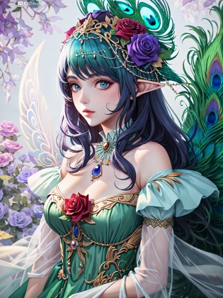 Award winning Illustration , peacock fairy goddess, purple roses, facial closeup, warm lighting, extreme detail, <lora:add_detail:1>, 16k, UHD, HDR, (Masterpiece:1. 5), (best quality:1. 5)
