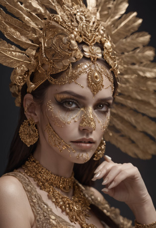woman dressed golden and gold makeup,in the style of skull motifs,covered in luxurious jewelry, jewelry, luxury, dark white and dark bronze, jewelry by painters and sculptors,high details,realistic,ultra intricate detailing, 8k, Cinematic Lighting, cinematic