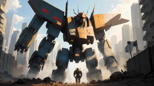 there is a robot that is standing in the middle of a city, comic book style battlemech, Giant robots, mecha art, giant anime mecha, anime large mecha robot, lottalewdsLargeMecha, giant mecha, giant robot mech, cool mecha style, battlemech, zoids art, giant mecha robot, Alexander Ferra Mecha