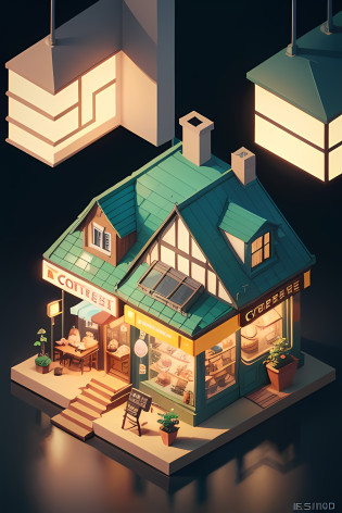 Small architectural illustration in coffee shop?There are coffee signs and street lights, Isometric art, shaded flat illustration, isometric illustration fun, isometric illustration, 3 d isometric, prerendered isometric graphics, 3d isometric, not isometric, isometric pixel art, isometric 2 d game art, isometric design, isometric pixelart, Isometric style