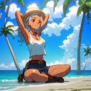 ((Solo character, masterpiece, best quality, dark skin, beach background, yoga pose, arms raised, hands behind head)), slim anime girl sitting on sand at beach, smiling, ((hat, straw hat)), daytime, sunlight, ((white hair, long hair, long bangs, slim body, medium breasts)), cleavage, orange eyes, scars, ((freckles)), brown boots, brown gloves, black shorts, aquamarine tanktop, belts and buckles, pouches, no pants, (wet skin, water on skin, wet clothes)), silver bracelets, silver necklace, silver earrings, ocean, clouds, palm trees