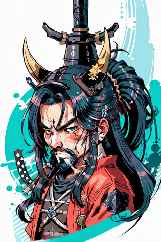Yasuo blue samurai with long hair in the style of 0mib