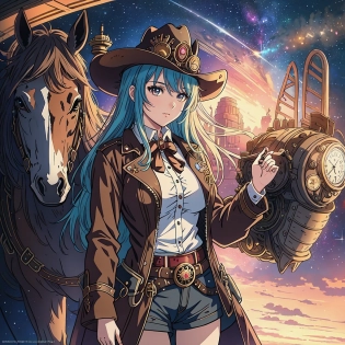 a beautiful girl. wearing a western cowboy outfit, anime, steampunk horse, space in the background