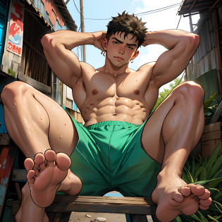 hispanic teen male, (teenager), (teenaged), hispanic, latino, big eyes, male, shaven, short hair, (barefoot), natural light, wet body, wheat-colored skin, 1man, wearing green basketball shorts, sitting, (showing his feet), (foot focus), sweat, sweaty, pout, pouting, (raised legs), (soles), low angle, full portrait, favela, slum, perfect feet, topless, shirtless, backyard, yaoi, anime, line art, arms behind head, feet on table