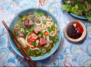 a bowl of noodles with meat and vegetables on a table, inspired by Tan Ting-pho, in style of lam manh, realistic photo of delicious pho, ? ?? ?, the best ever, bao pham, ? ?, ????, bao phan, aokamei, hoang lap, bowl, bao pnan ,pho