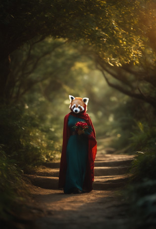 Compose a captivating and realistic photograph that blends the traditional beauty of a Malay girl in a hijab with the enchantment of a fantasy world. Transport your subject and the giant red panda into a magical realm filled with lush, otherworldly landscapes, surreal creatures, and vibrant colors. Create a scene that conveys a sense of wonder and harmony between the girl and her fantastical companion, evoking the idea of a unique and heartwarming connection between two worlds