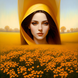 pintura de uma mulher com cabelos loiros e olhos azuis em um campo de flores, Frontal da menina em um campo da flor, uma deusa em um campo de flores, em um campo de flores, menina em um campo de flores, Retrato da menina no campo da flor, lindo pintura digital, pintura digital bonita, pintura digital impressionante, Arte bonita UHD 4K, karol bak uhd