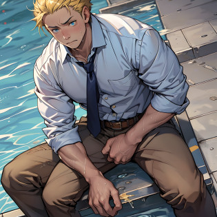 ?1 Adult male??A high resolution? Sharp focus? Pixiv masterpiece? ??Complicated details??? highly  detailed? natsuki_subaru? 1 man?perfect male figure?Urine on the trouser leg? Nervously bow your head?is shy?embarressed?exhilarated?is shocked?panicking?worry?A pool of urine formed around him?Very eager to pee?Unbearable?Wet yourself?Urine discharge?full bodyesbian?sit astride?Tired?decadent? blue color eyes?eyes glowing?? Short yellow hair?white  shirt?Wear a tie?Wear a belt?trousers?perspire?Drenched?Get wet?pissing?urine flows down the pants?look from down