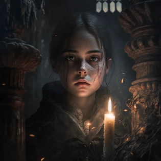 beautiful girl in a scary dark castle, with a candle in her hands, a lot of cobwebs