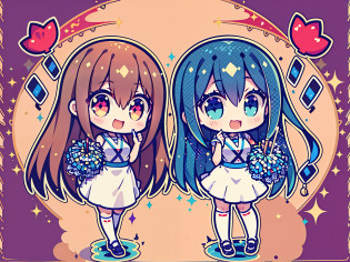 Cheergirl is two Asian women, wearing cheergirl uniform, clothes are sleeveless clothes, skirt, Yui has brown hair and long hair., beautiful hands, Aya has dark blue hair and long hair., eye color is the same as hair color, wearing the same clothes, good friends, both of them smiling, holding bonbons, costume is as pictured, shiny silver, small, shiny silver clothes, V-neck clothes, no logos and letters on clothes, clothes glitter silver uniform, clothes are non-transparent fabric ??? ?? 2263539546], , 8 km race)), anim???????????e-style mascot type, background is solid blue., clothes have no ribbon, only blue lines, ????