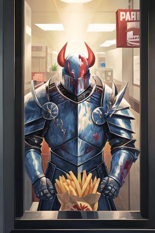 chaos warrior in the drive-thru window, (masterpiece), absurdres, (absurdly detailed:1.2), undivided, 2D, solo, best quality, dirty, bloodstained, <lora:chaoswarrior:1>, dirty armor, satanic, close-up, holding out a bag of fries,
<lora:Drive-Thru Window Operator:0.7>