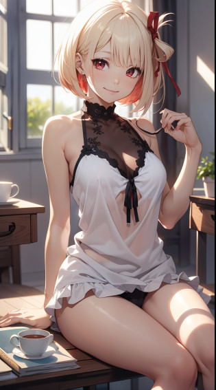Chisatoniki?Nishikigichisato?short-hair?bangss?blondehair?(red�eyes:1.5)?Hair Ribbon?bob cuts?Camisole?embarrassed from?thighs thighs thighs thighs?When you see the breakage?BREAK(?masterpiece:1.2)?top-quality?hight resolution?Unified 8K wallpapers?(illustratio:0.8)?(beatiful detailed eyes:1.6)?extra detailed face?Perfect litthing?extremely details CG?(perfect hand?perfect anatomia)?panties on?Yawning face?desk work?sitting in the chair?Breakfast?eats?A smile?Sheer sunlight?