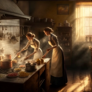 Two women wearing aprons, making pasta in a 1900's kitchen, photorealistic, cinematic lighting --q 1 --v 4