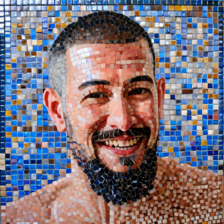 Urbi Goldberg mosaic art?Realistic, Masterpiece, Intricate details, Detailed background, Depth of field, Handsome photo (Japan man), Interesting Ecchus, loincloth, Onsen, Beard, (30 years old), Dynamic pose, cherry blossom,, (Fake smile:0.6), buzz cut,Goatee?Fake smile?laughingly, view the viewer, Expressive, Legs spread, Bulge