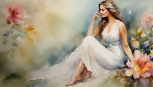 Mulher bonita com pernas longas vestindo seda branca?Flowers in hand?usar um vestido de noiva