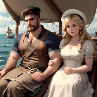 Draw a scene at sea, with a wooden boat gently sailing in the waves. On the boat, we have the sailor Popaye, a muscular man with strong arms, wearing his characteristic sailor's hat and smoking a pipe. Popaye is smiling confidently as she holds Olivia Palito in her arms. Olivia has long, loose hair, flying in the wind, and looks at Popaye with an expression of love and adoration on her face.

Olivia is wearing an elegant dress and holds Popaye by the neck with one delicate hand while her other hand rests gently on his shoulder. Both are positioned near the edge of the boat, highlighting the love and connection between them.

While Popaye and Olivia are immersed in their own romantic world, Brutus, a burly and angry man, watches furiously at the scene from afar. His face shows envy and frustration, and he crosses his arms as he watches the couple walk away on the boat.

This drawing depicts the intensity of the love between Popaye and Olivia, capturing Popaye's strength and Olivia's enchanting beauty, while the jealous Brutus mourns the loss of his beloved.