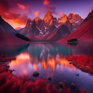 An awe-inspiring mountain landscape at sunset. The setting sun colors the sky in deep hues of red and purple, while the towering peaks and reflective lake below remain bathed in a soft, golden light