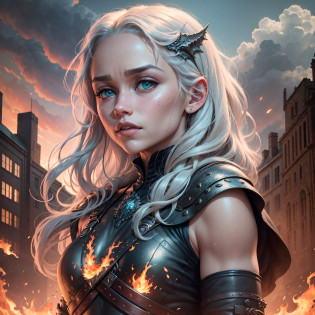 Actress Emilia Clarke, perfect green eyes, Envision the scene with vivid detail, portraying Daenerys atop her majestic dragon Drogo, flames engulfing the surroundings, while the remnants of a once-thriving city crumble beneath them. Capture the intensity in Daenerys' eyes as she unleashes her fury, showcasing the destructive power of her wrath, flying in the sky, POV, full angule, Surrealism, anaglyph, stereogram, tachi-e, pov, atmospheric perspective, 8k, super detail, ccurate, best quality, modern art, perfect photography, perfect framing, natural body, raytracing, rtx, 8k, RAW photos, highest quality, masterpiece: 1.7, Realistic, Photorealistic: 1.9, Perfect Figure: 1.4, Layered, Highly Detailed Face and Skin Texture, Detailed Eyes,, cinematography angule, kings landing, fire, ultra realisitic, fotografy by christofer nolan, live action, unreal engine 5, armor --auto --s2