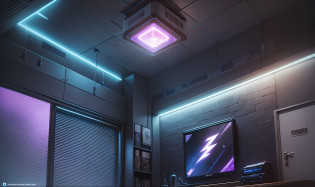 Welcome to your amazing podcast studio. With an enveloping atmosphere, blue and lilac neon lights illuminate the space, with a black brick wall in the background. On the shelf, action figures and pop culture posters create a nostalgic atmosphere. Standing out, a line of lightning-shaped LEDs shines on the wall, with the realistic inscription 