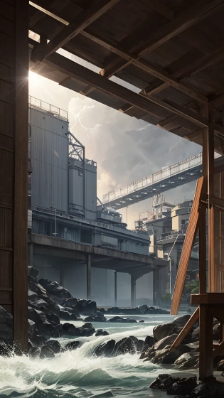 Landscape of a 1920'S Bangladeshi Hydroelectric power plant, Thunderstorm, Ultrarealistic, Rollerwave, Sun Rays, Albumen, art by Hendrik Kerstens, HD, 8K