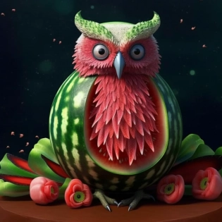 extreme render, mind-bending reality, hyper detailed, vivid, photo-realistic image of a 3d cartoon blooming Spread its wings live owl from watermelon, cinematic lighting