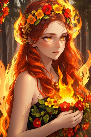 (masterpiece), best quality, hair is turning into fire, hair is on fire, ((beautiful laurel wreath on head of red & yellow flowers and leaves)), Fantasy, (light rayer:1. 05), orange light particles, scenery, fire, Beautiful and detailed explosion, beautiful detailed glow, Flames burning around, Flames burning around, Fire feathers, burning, (burning forest:1. 34), (bare trees:1. 05), ashes, (red sun:1. 05), (flame swirling around the character:1. 1), solo, (serene expression), (detailed:1. 05), high resolution illustration, lustrous skin, colorful, (ultra-detailed:1. 1), (illustration:1. 05), (detailed light:1. 05), (an extremely delicate and beautiful:1. 1), beautiful detailed girl, depth of field, white_long_hair, orange_eyes, dark eyelashes, eyeliner, soft glowing eyes, (ethereal), (heavenly), (magical)