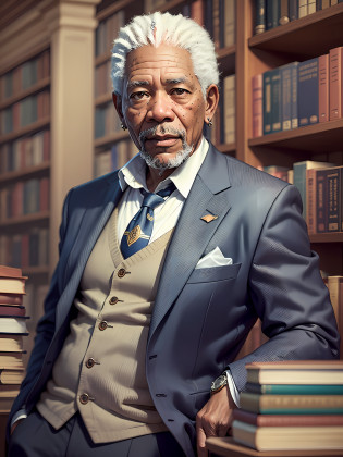 Masterpiece Photography Ultra Realistic, 4K and 12K resolution. 
Morgan Freeman:
Masterpiece Photography Ultra Realistic Description: Morgan Freeman, the esteemed American actor, poses in a captivating 12K hyper-realistic depiction wearing a sleek black suit, standing in front of a bookshelf filled with ancient volumes in a grand library. The unexpected fusion of sophistication and wisdom enhances his commanding presence. With his warm smile and wise eyes, he exudes a sense of authority and depth. The hyper-realistic portrayal captures the intricate details of the suit's fine fabric, the richness of the bookshelf, and the soft lighting of the library, evoking a sense of timeless intellect and captivating charm. --auto --s2