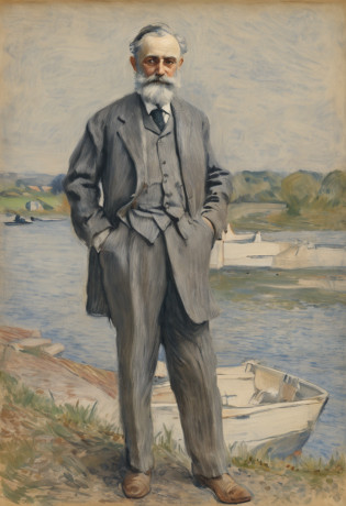 author?Claude Monet, author?Claude Monet, Claude Monet), Monet paintings, Monet style, author?Monet, Impressionist art, Monet style, Monet painted, author?Blanche Hoscheid Monet, Impressionist style, Charles S...., impressionist drawing, French Impressionism, Claude Monet style, impressionist drawing, Impressionistic style, impressionist drawing?Allad man in suit stands with his arms crossed, grey suit, distant full body view, 3 / 4 Look from behind, standing elegant pose, high quality suit, doing an elegant pose over you, centered full body rear-shot, subject detail: wear suit, full height view, Business suit, Man standing, highly professionally detailed
