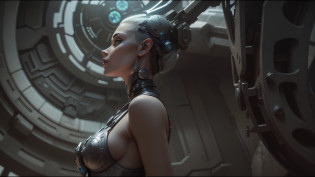 a close up of a woman in a dress standing in front of a wall, sci-fi magic highly detailed, inspired by Nikola Avramov, symmetrical artwork. cinematic, by W?adys?aw Podkowi?ski, highly detailed cybernetic body, concrete ), by Nikola Avramov, anamorphic, ukrainian girl, machine elves --ar 16:9 --auto --s2