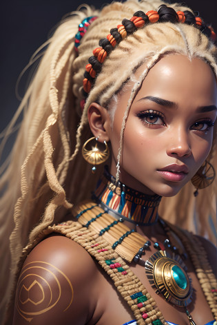 une jeune femme 16 ans, with blonde locks dreadlocks, et un collier oselet sur le cou, Adolescente Himba futuriste, Futuriste Himba Jeune Femme, Belle femme Himba futuriste, very realistic digital art, very realistic digital art, Superbe princesse africaine, Hyper-realistic faces, Beautiful and realistic faces, Hyper realistic digital art, Himba coiffure, Traits du visage africains, Princesse noire africaine, Ultra realistic digital art