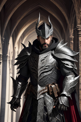 extremely detailed 8k wallpaper), intricate, highly detailed, dramatic, The Dragon Lord wears highly detailed black steel shoulder pads that look like dragon heads and are adorned with shimmering silver trimmings and ornaments, an overlying gray cloak with an extremely beautifully detailed large hood that goes deep drawn into the young bearded face, extremely detailed gray feathered wings with translucent velvety red membranes, insanely realistic graphics, insanely detailed details, ultra realistic and highly detailed heavy black steel armor with lustrous silver glitter detailing on a silver gray tunic, extremely detailed heavy black armor Steel gloves, steel boots with reinforced shiny silver decorations, in a vaulted hall during the leisurely stroll through the somber cathedral on a red velvet carpet, (shown perspective from above) during the passage of a sombre, multi-windowed vaulted passageway through the gleaming light falls,