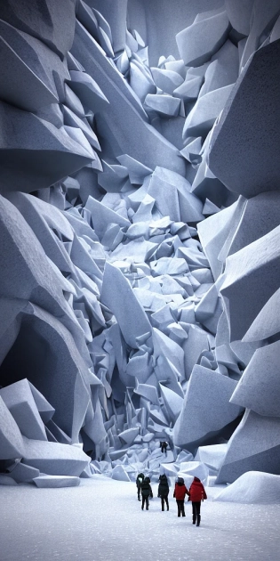 The wind chimes of years ago floated in the still overcast day, a light leaking from my ears, buzzing, distant glaciers rushing towards me. Multiple connecting tunnels in antartica bellow thin ice, multiple people moving around the tunnels, fascinating and imposing, fantasy digital art, octane render