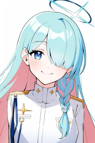 <lora:GSC President:0.8>, (masterpiece, best quality:1), 1girl, solo, gsc president, halo, multicolored hair, hair over one eye, blue eyes, smile, closed mouth, single braid, bangs, jacket