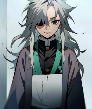 1boy, grey hair, long hair, black eyes, grey haori, calm, tired, tall, grey clothes, face shot, face, sharp eyes, black eyes, missing left eye, left eye covered, missing left eye, demon slayer uniform