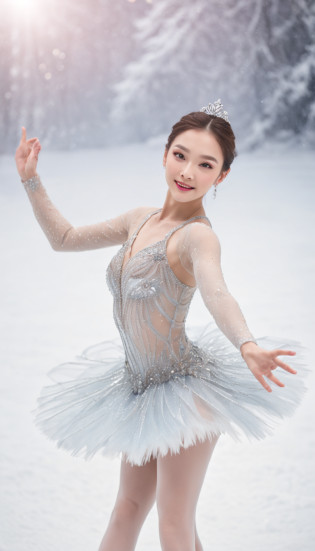 Smile expression. Generate costumes for figure skaters dancing on ice. Give this image snow-white feathers and sparkling Swarovski crystals. Next, Add a skate dress designed to emphasize the lines of the body, Especially the hips and legs, Eta?Give the skirt a special touch with feather accents. Accessorize further with a gold headpiece, Transparent beaded necklace and matching rings or earrings. Finally, Bright makeup and sparkling eyeshadow?Complete the atmosphere of figure skaters shining on the ice. Dynamic Poses: Adopts poses that reproduce triple axels and toe loop jumps, or?Pose during a spin to show the figure skater's grace and movement. location: Large skating rink in the center of the ice castle. The castle is surrounded by glowing ice statues and waterfalls, A huge crystal chandelier hangs in the center of the skating rink. This location is?Has a beautiful and magical atmosphere that complements the figure skating cosplay and its dynamism.