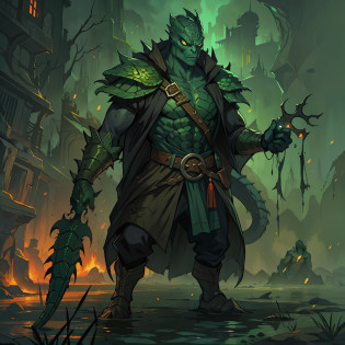 A Dark Man A Lizard-Inspired RPG Villain A Man with the Colors and Elements of the Reptile, a reptile man A villain who represents the essence of a reptile He is in a swamp with many magical gases A dark place illustrating the reptile skin image and a dark and cold look represents the essence of a reptile in this character to illustrate An art for RPG A character for RPG A villain Medieval RPG RPG Art RPG fantasy RPG an illustration for RPG A digital art with cinematic lights