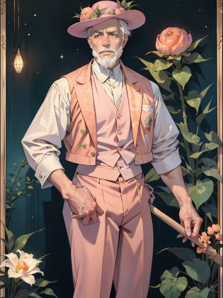 Male peach personification, (grandfather:1.1), old man, 1 grandfather, neat short beard, gray hair, kind look, old-fashioned clothes, pastel pink shirt dress, knitted diamond patterned vest, light peach pink vest, light coral pattern color, pastel pink trousers, pastel yellow boatman's head hat, hat decorated with peach blossoms, peach leaves on the hat, small peach fruits on the hat, grandfather in the hands of a patent leather cane, cane made of  light wood, a cane decorated with a dark pattern, a pattern of peach leaves on a cane, a peach-colored pattern on a cane, a painting by Van Gogh 