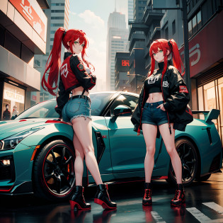 Full body shot, female asian Irina Shidou red hair twintails green eyes, standing next to a Nissan GT-R in a cyberpunk city, wearing a bomber jacket and crop top and denim shorts, standing next to a Nissan GT-R, side shot, back shot, shot from backside, behind shot, masterpiece, highly detailed