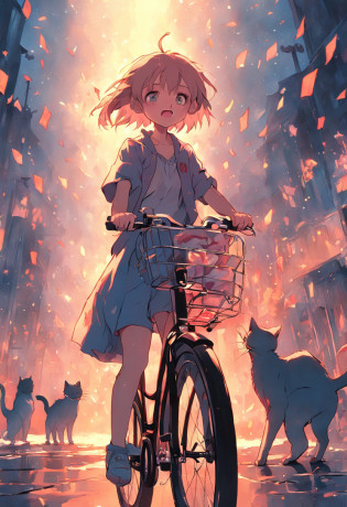 Girl on a bicycle?A happy expression?With cats