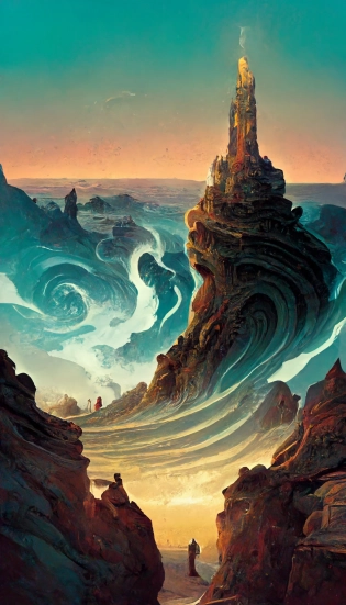 swirling strata mixed with ocean waves mixed with the milky way forming a surreal geological landscape that forms a towering magical temple, A comic book page , retro colour scheme, peter mohrbacher, tarmo juhola, ivan laliashvili, james gurney, moebius, roger dean, retro colour scheme --w 1024 --h 1792 --quality 2 --uplight