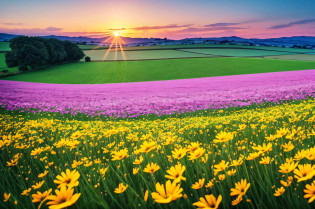 a close up of a field of flowers with a sunset in the background, field with grass and flowers, meadow with flowers, beautiful summer landscape, the brilliant dawn on the meadow, field of flowers, sunny meadow, field of flowers background, summer meadow, summer field, field of wild flowers, meadow background, flower field, beautiful landscape, nature landscape, fields of flowers --auto --s2