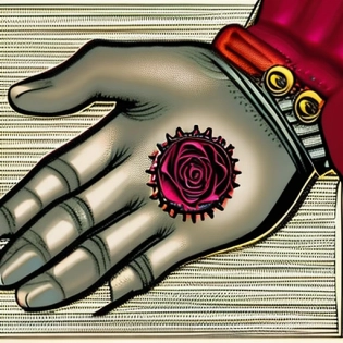 The image depicts a hand, rendered in the artistic style reminiscent of Jules Verne's works. The hand is reaching out towards the viewer, holding a crimson rose. The details of the hand are intricately illustrated, showcasing a blend of mechanical and organic elements. The fingers are adorned with intricate gears, cogs, and brass fittings, reminiscent of a steampunk aesthetic.