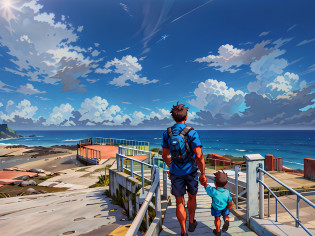 there is a man and a child walking up a ramp, looking at the ocean, looking out at the ocean, looking out over the sea, the ocean in the background, standing beside the ocean, gazing off into the horizon, overlooking the ocean, looking into the horizon, near a jetty, looking onto the horizon, ocean in the background, view of the ocean