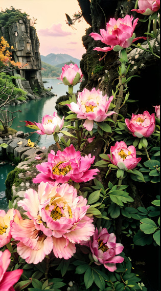 lake water, Ten miles of peach blossoms, Peach Blossom Forest, wood bridges?tree house?White grass, fall foliage, Yellow flowers, There are fishing boats on the lake, There are people in the mountains, Cooking smoke, A landscape painting like a gossip map, Separated peach blossom source, The whole picture is decorated with pink peach blossoms, romanticism lain, Chiaroscuro, Cinematic lighting, Ray tracing, full bloom, in a panoramic view, Sideways, Ultra-wide angle, hyper HD, Masterpiece, ccurate, Super detail, High details, High quality, Award-Awarded, 8K