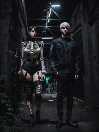 (Canon DSLR, Hasselblad, Nikon, Fujifilm, Kodak, RAW Photo, 300mm lens, ultra-wide angle, outdoors, full body couples portrait, fashion shoot, runway model, professional photo shoot, studio lighting, set in a lush forested solarpunk ruined skyscraper in a post-apocalyptic city, a college aged amateur couple in a casual pose, a boy and a girl who are both emo Caucasian white and norwegian, the girl is an alt girl pawg with a big ass and beautiful thick and round thighs with long wavy white hair hair and thicc and chubby with mascara and eyeliner, hairy armpits, the guy is handsome and muscular with a hipster dyed black haircut, they both look happy and confident, their hands are are in their pockets, :1. 4), (wide hips:0. 95), (natural C cup breasts:1. 1), (freckles, peachfuzz:0. 9), pale white realistic skin, skin pores, (mole:0. 8), looking at viewer, they are both wearing matching Kryptic Key outfits featuring a hanfu gothic industrial style in the darkest black fabric crafted from organic hemp fiber and featuring an asymmetric cut that's a nod to cyberpunk nonconformity, (Down the arms vibrant neon embroidery outlines intricate gothic arches symbolizing doorways to hidden knowledge, Across the front of the top is a large skeleton key embroidered in metallic silver thread acting as a cryptic centerpiece:1. 4), they are also wearing Black straight-cut jeans made from a blend of hemp and recycled synthetic fibers with additional panels of material sewn into the thighs and knees invoking an industrial worker's uniform with the hems left raw, they are also wearing silver pendants in the shape of a skeleton key on a black silk cord and heavy black boots with visible steel tips and key embossed silver buckles with vibrant neon shoelaces, (realistic and beautifully detailed eyes:1. 0), (HDR, bokeh, soft black vignette:1. 1), (masterpiece:1. 1), (intricate details:1. 1), (300mm, wide angle, Raw photo:1. 1), masterpiece, <lora:LowRA:0. 4>, <lora:detailmaker:0. 7>, <lora:Sharpness_Tweaker_V3:0. 17>, <lora:Saturation_Tweak:0. 2>, <lora:Brightness_Tweak:-0. 088>, <lora:FilmG3:0. 1>